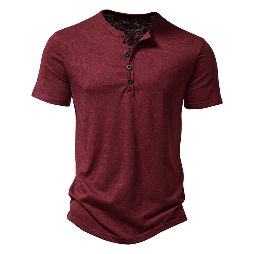 Henley Collar Summer Men Casual Solid Color Short Sleeve T Shirt for Men Polo men High QualityMens T Shirts - Hiron Store