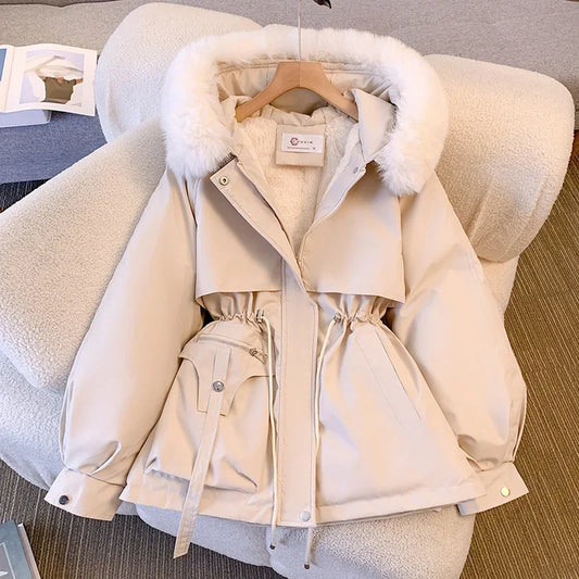 Women's Medium-length Waist-fitted Slimming Hooded Fleece-lined Cotton Coat Style Autumn/winter Warm Jacket