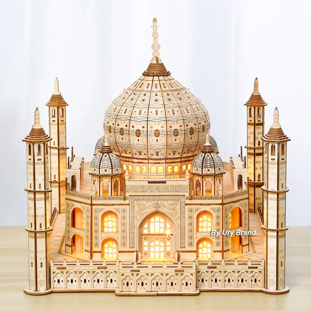 Wooden Puzzle House Royal Castle Taj Mahal With Light Assembly Toy For Kids Adult Model Kits Desk Decoration for Gifts