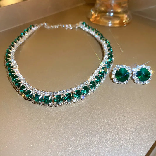 Luxury Necklace Earrings Sets Green Crystal Necklace Women Weddings Bride Jewelry Accessories - Hiron Store