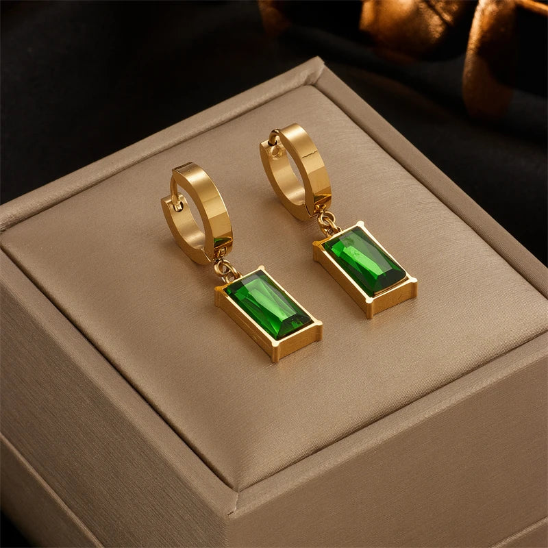 DIEYURO 316L Stainless Steel Square Green Crystal Zircon Necklace Earrings For Women Girl New Fashion Non-fading Jewelry Set - Hiron Store