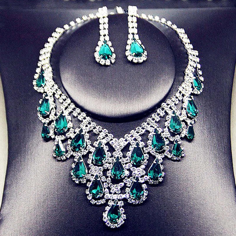 Crystal Blue Red Bridal Jewelry Sets Teardrop Shape Wedding Necklace Earrings Fashion Party Jewelry Sets Women Accessories - Hiron Store