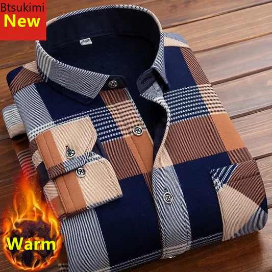 2024 Men's Autumn Winter Casual Long Sleeve Plaid Shirt Thick Warm Men's Casual High Quality Soft Large Size Warm Shirt Tops 4XL - Hiron Store