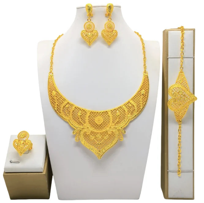 Fashion India Latest Design Jewelry Luxury African Jewelry Necklace Earrings Ring Bracelet Set Dubai Gold Color