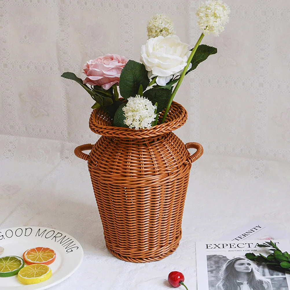 Imitation Rattan Vase Flower Arrangement Basket Home Decor Woven Hamper Storage Terrarium Creative Pot Decorate - Hiron Store