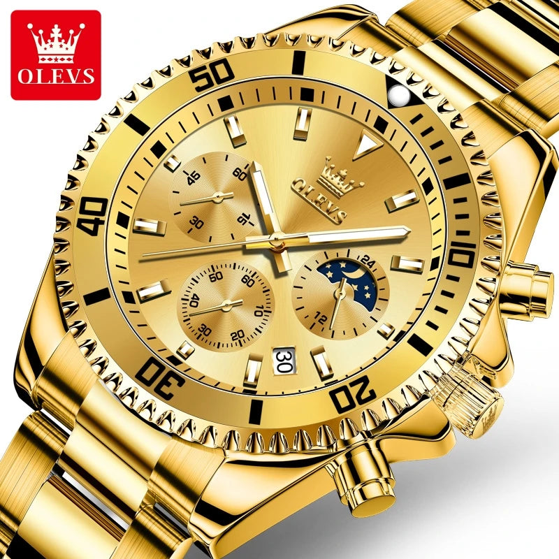 Watches Golden Stainless Steel Chronograph Big Dial Men's Wristwatches