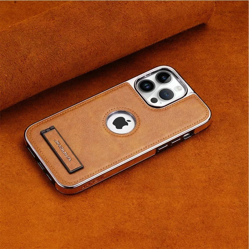 Fold Stand Phone Case with Electroplated for iPhone 15 14 Plus 13 12 11 Pro Max Ultra Leather Cover