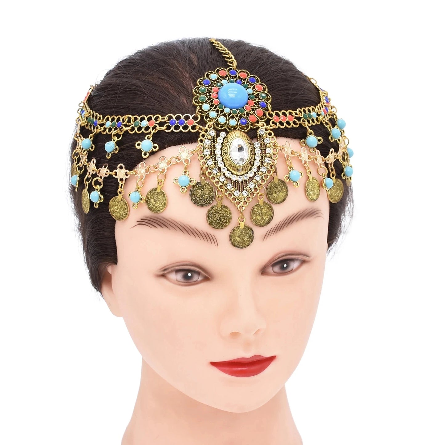 Retro Gypsy Afghan Coin Headwear Hair Crystal Acrylic Forehead Hair Jewellery maang tikka