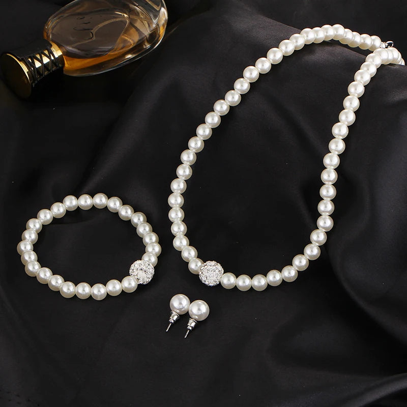 Luxury Crystal Simulated Pearl Necklace Earrings Jewellery Sets