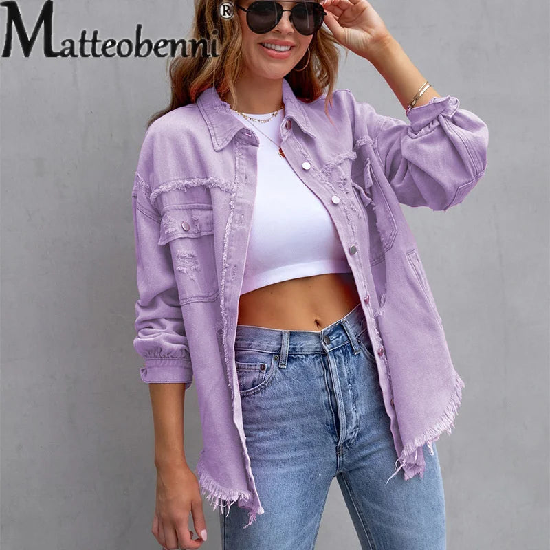 Sweet Color Splicing Pocket Denim Jacket Female Fashion Streetwear Lapel Long Sleeves Single-breasted Cardigan Loose Women Coat