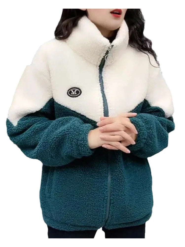 Women Jacket Colored Thickened Lamb Fleece Long Sleeve Overcoat Warm Topcoat