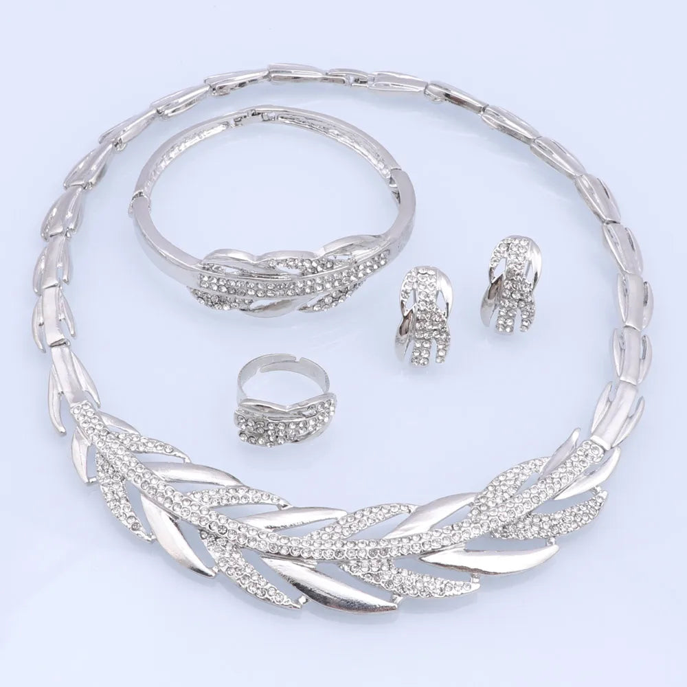 Silver Color Dubai Jewelry Set for Women Crystal Necklace Earrings with Bangle Ring