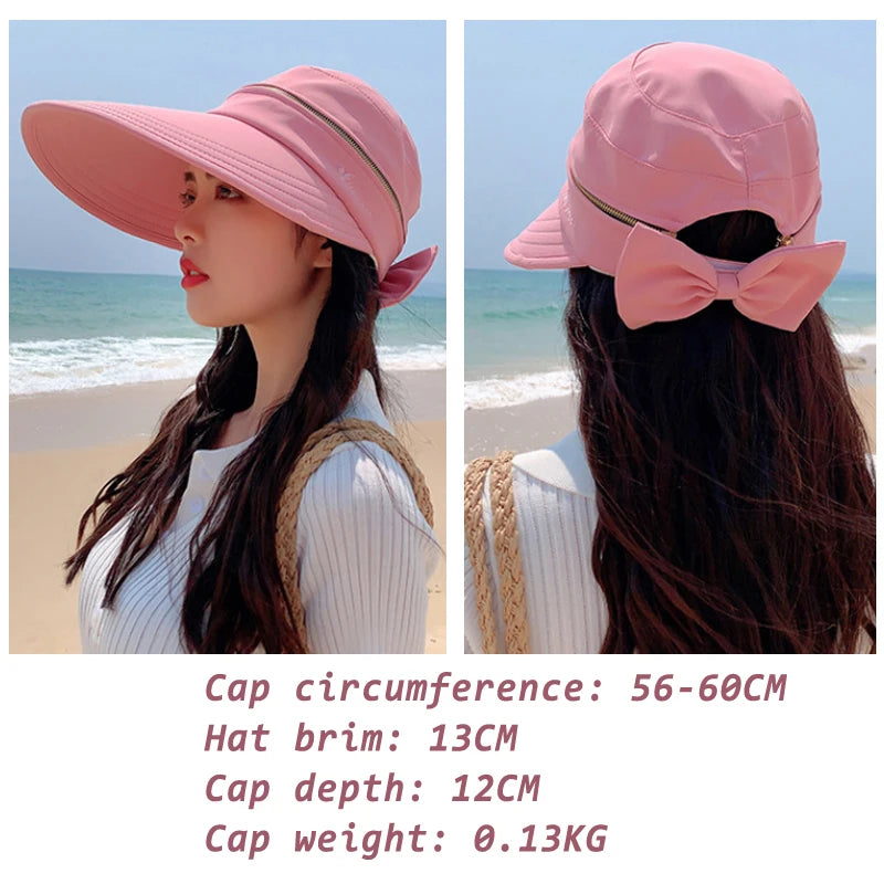 Women's Summer Sun Hat Removable Zipper Cap Top Anti-UV Foldable Big Brim Visor Cap for Cycling