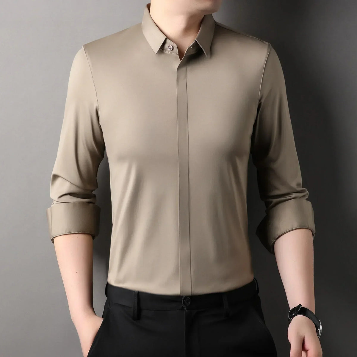 High end Mulberry Silk Dress Shirts, Business  Men Wrinkle Resistant, Button Invisible Elastic Tops, Luxurious Male  Clothing