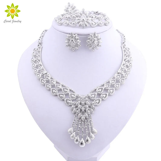 New Crystal Bridal Jewelry Sets Silver Plated Wedding Necklace Earrings Bracelet Ring African Beads Jewelry Sets Accessories - Hiron Store