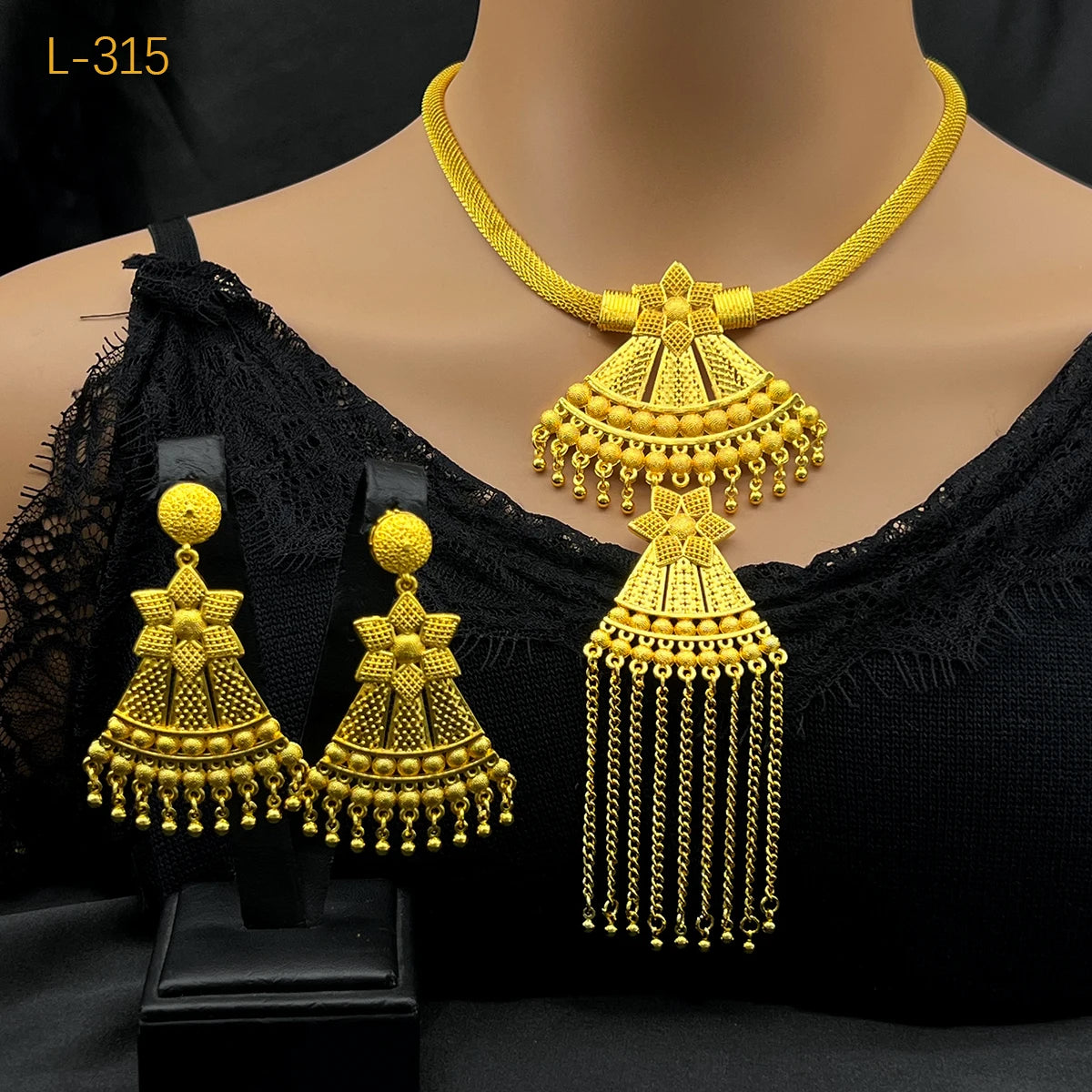 Dubai Indian African Tassel Necklace Earrings Jewelry Set 24K Gold Plated Bridal Jewellery