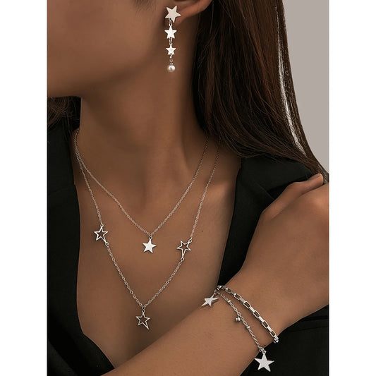 Stainless Steel Jewelry Set Skeleton Layered Chain Necklaces Star Bracelet Pearl Earrings