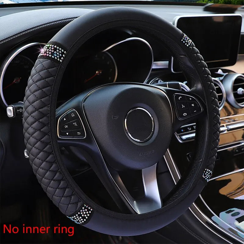 Car Steering Wheel Cover Without Inner Ring 37-38cm Three-dimensional Leather Embroidered Color Diamond-encrusted Breathable - Hiron Store