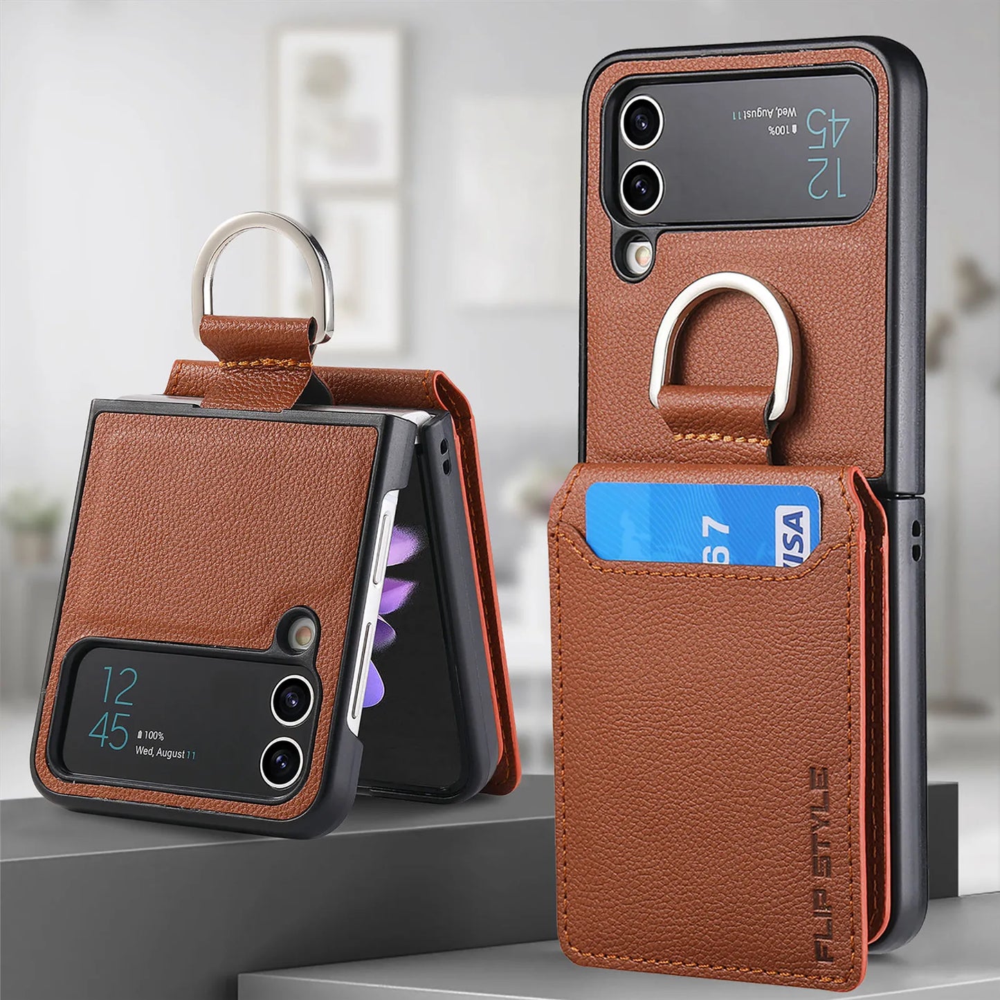 Wallet Phone Case For Samsung Z Flip 4 Finger Ring Card Holder Stand Shockproof Leather Cover