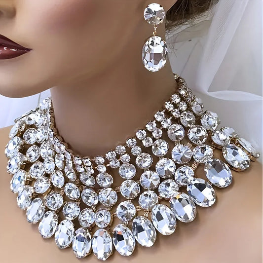 Luxurious Rhinestone Necklace Earrings Set For Birthday Parties Multiple Colour Options