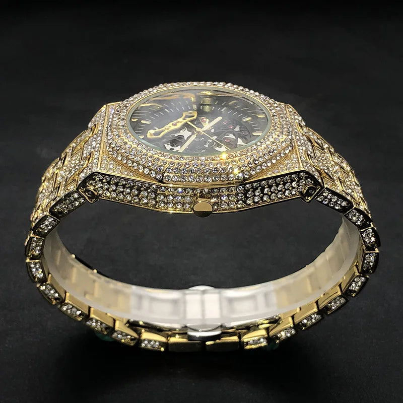 Automatic Watch Luxury Full Ice Out  Hip Hop Tourbillon Watches Bling Diamond Gold Clock