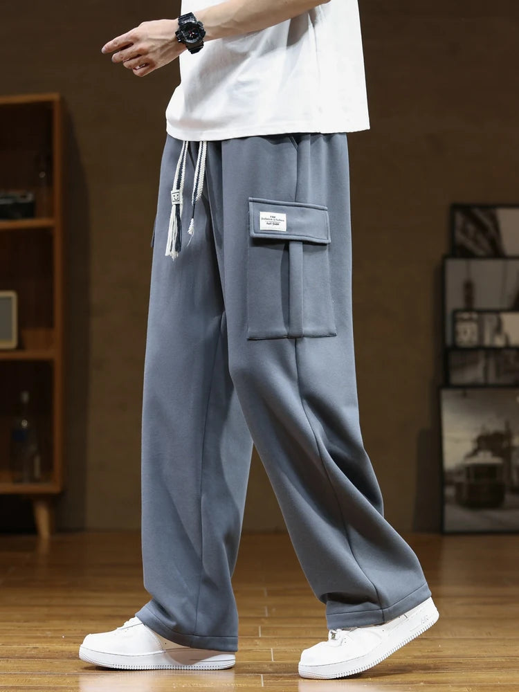 Multi-Pockets Sweatpants Men Drawstring Waist Sportswear Casual Track Pants Plus