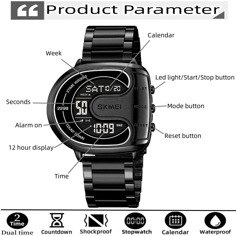 Skmei Mens Digital Waterproof Watches Stainless Steel Band Alarm Clock Stopwatch Sports Dual Time