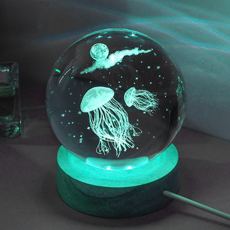 3D Jellyfish Laser engraved crystal ball LED night lights