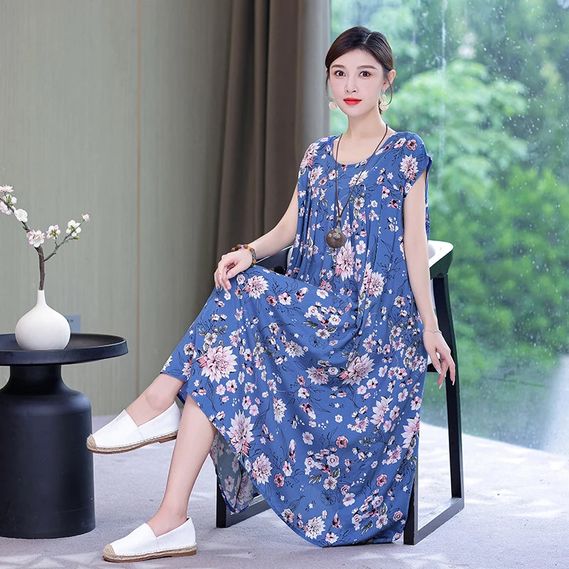 Summer Dress For Women Print Loose O-Neck Cotton Women's Clothing Dresses