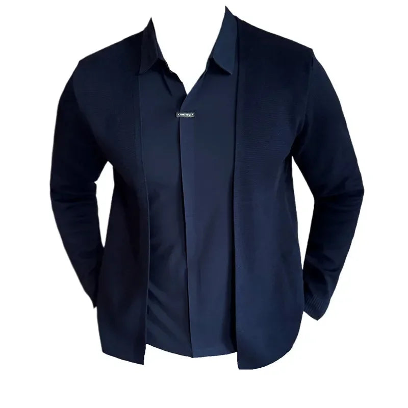 Autumn New Fake 2 Pieces Knitted Cardigan, Shirt Collar Spliced Casual Pullovers,  Slim Sweater Coats 4XL-M