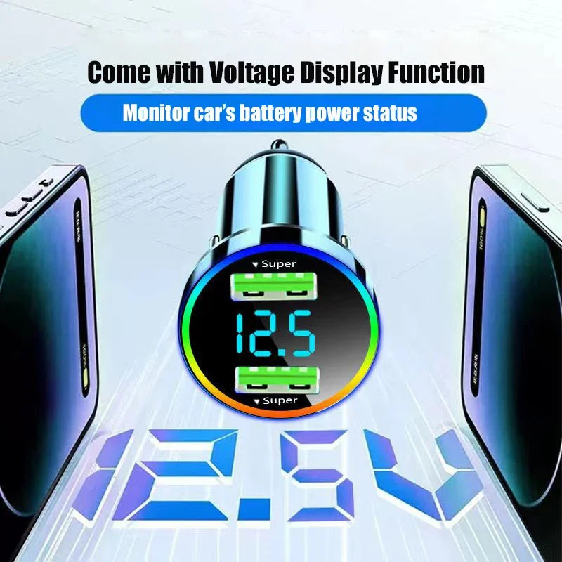 300W Dual Port USB Car Charger with LED Light Voltage Monitor Super Fast Charging