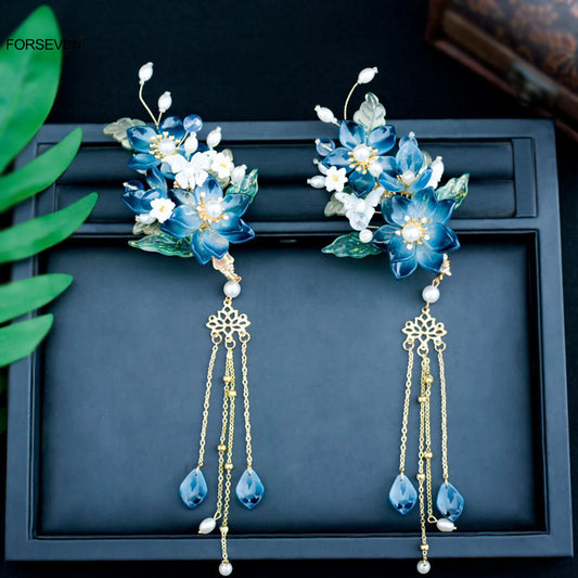 Blue Flower Hairpins Side Clips Retro Chinese Fashion Fringe Jewelry Long Tassel Pendant Headpiece for Women Girls Hanfu Dress - Hiron Store