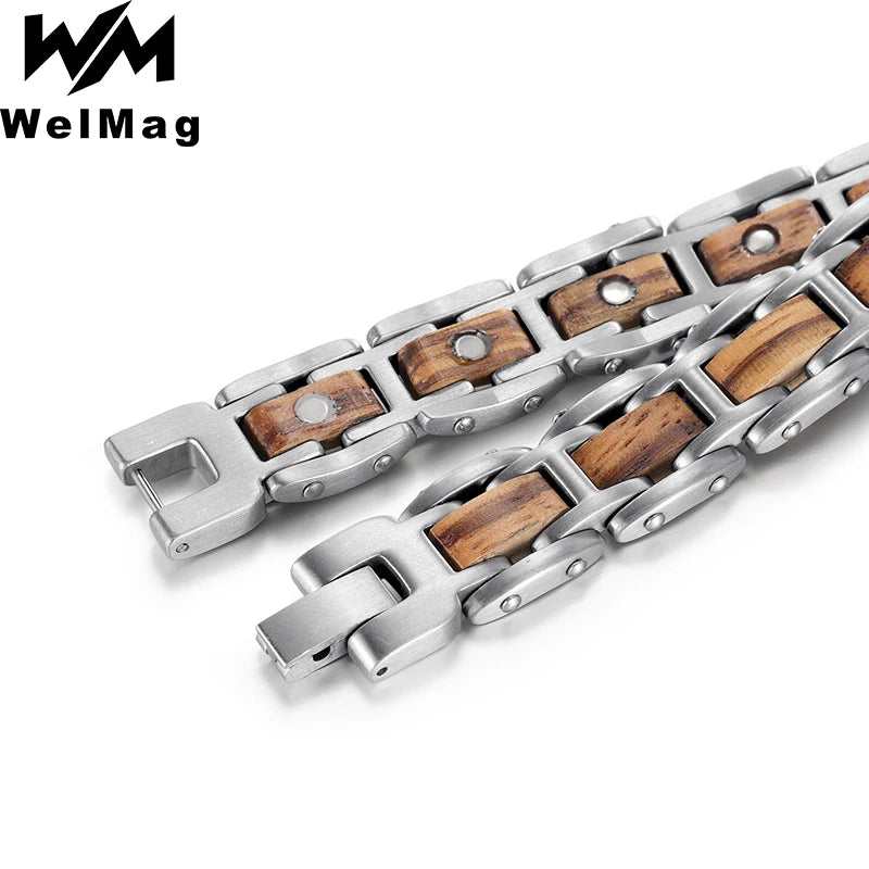 Men Women Wooden Stainless Steel Healthy Bio Energy Healing Magnetic Bracelet