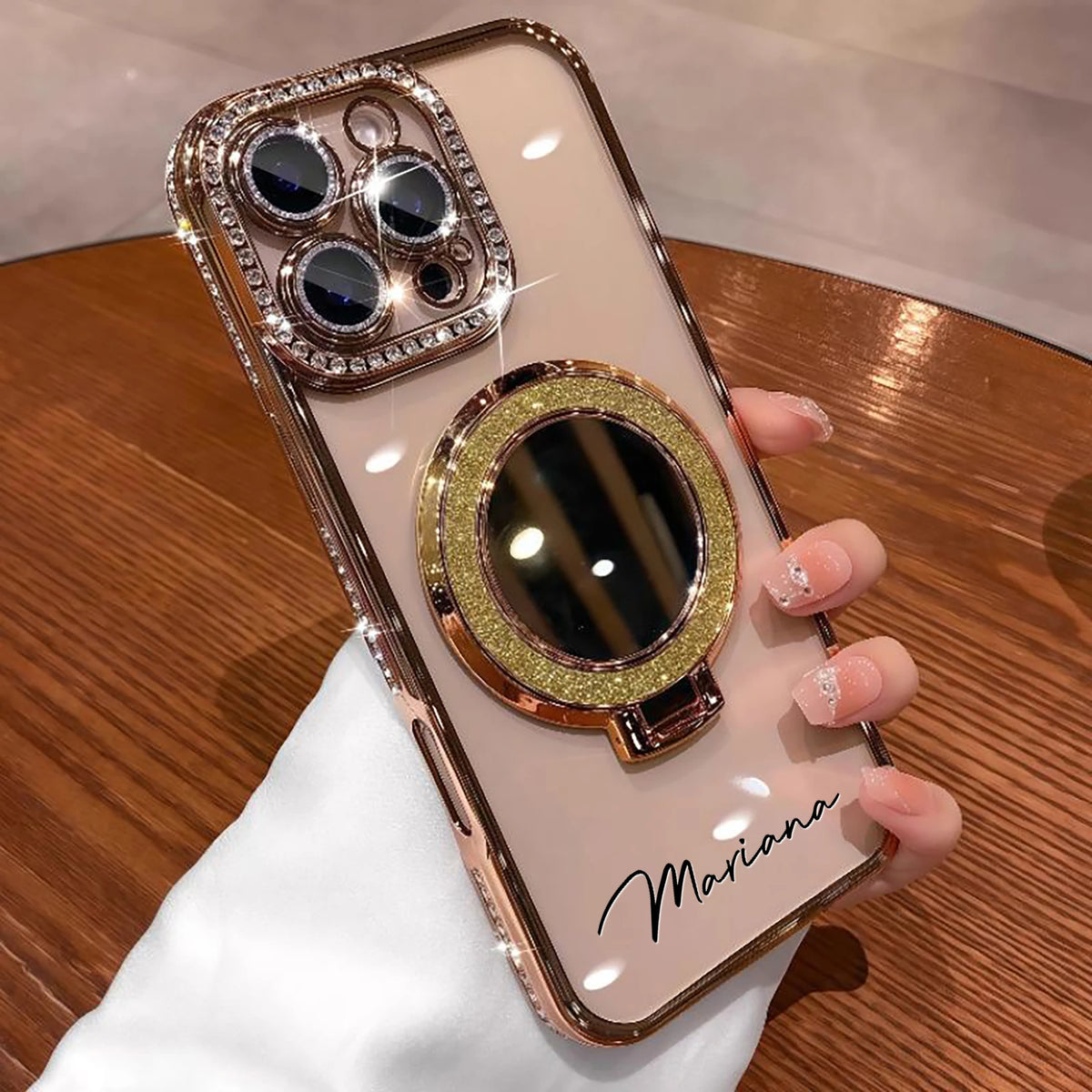 Customize Rhinestone Glitter  Bracket Makeup Mirror, iPhone Phone Case ,Anti Fall For iPhone 11 12 13 14 15 16 17Air 18Pro Max