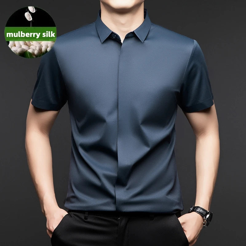 High end Mulberry Silk Dress Shirts, Business  Men Wrinkle Resistant, Button Invisible Elastic Tops, Luxurious Male  Clothing