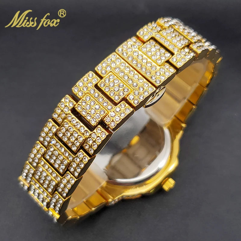 Gold Watch For Men Diamond Iced Quartz Watches Waterproof