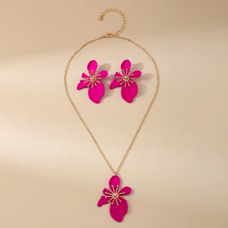 Korean Necklace Earring Jewelry Set Designer Enamel Flower Necklace