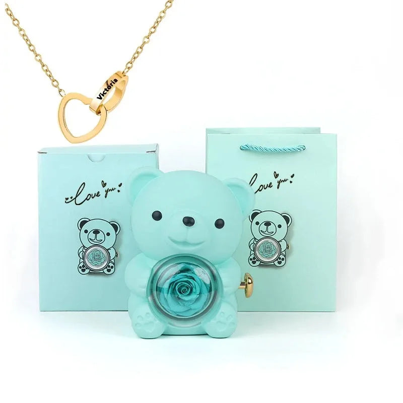 Eternal Rose Teddy Bear Gifts Box with Necklace Rotate Rose Jewelry Box