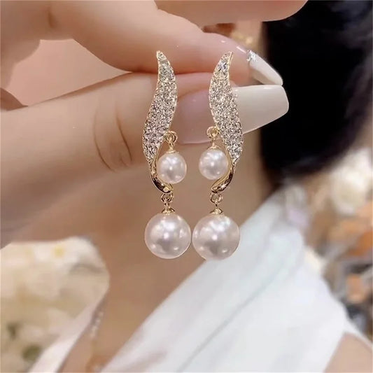 2023 New Classic Elegant Imitation Double Pearl Dangle Earrings For Women Crystal Long Tassel Drop Earring Wedding Jewelry Gifts - Hiron Store
