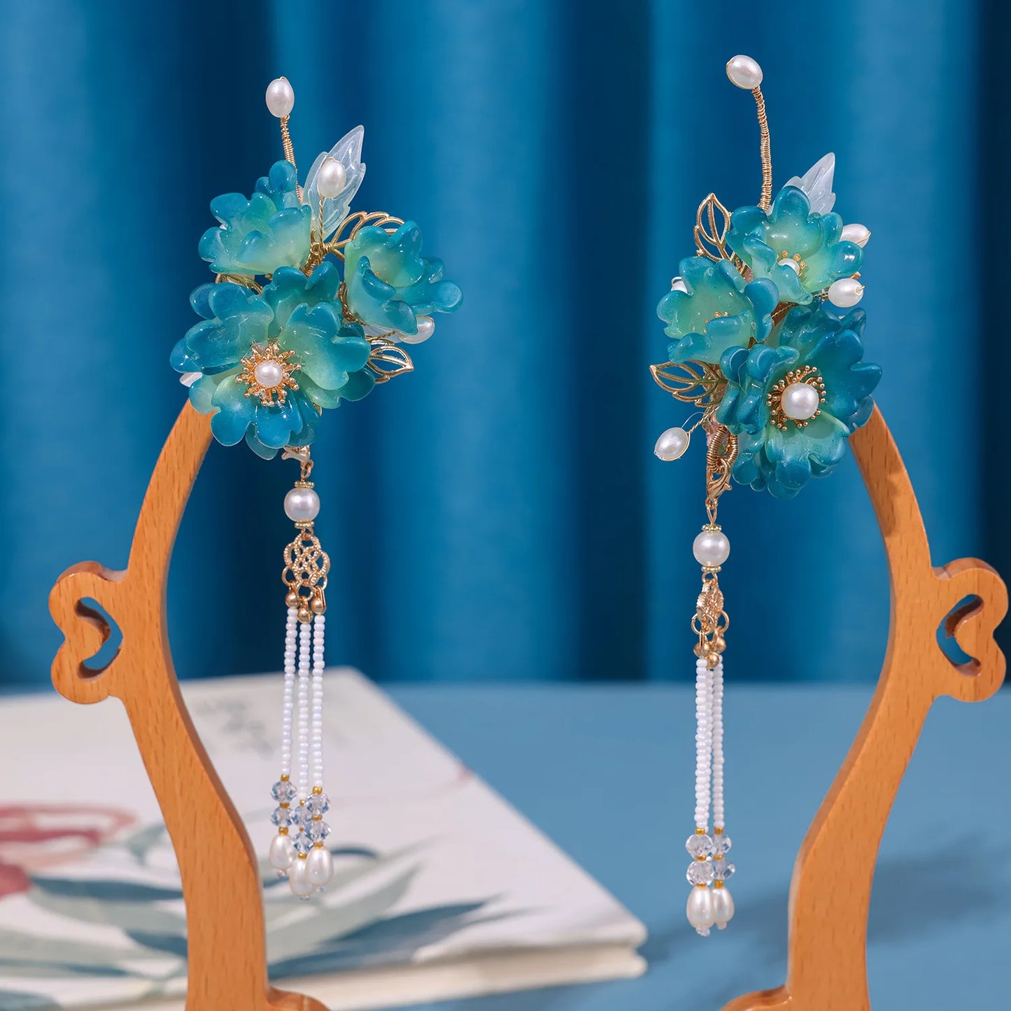 Blue Flower Hairpins Side Clips Retro Chinese Fashion Fringe Jewelry Long Tassel Pendant Headpiece for Women Girls Hanfu Dress - Hiron Store