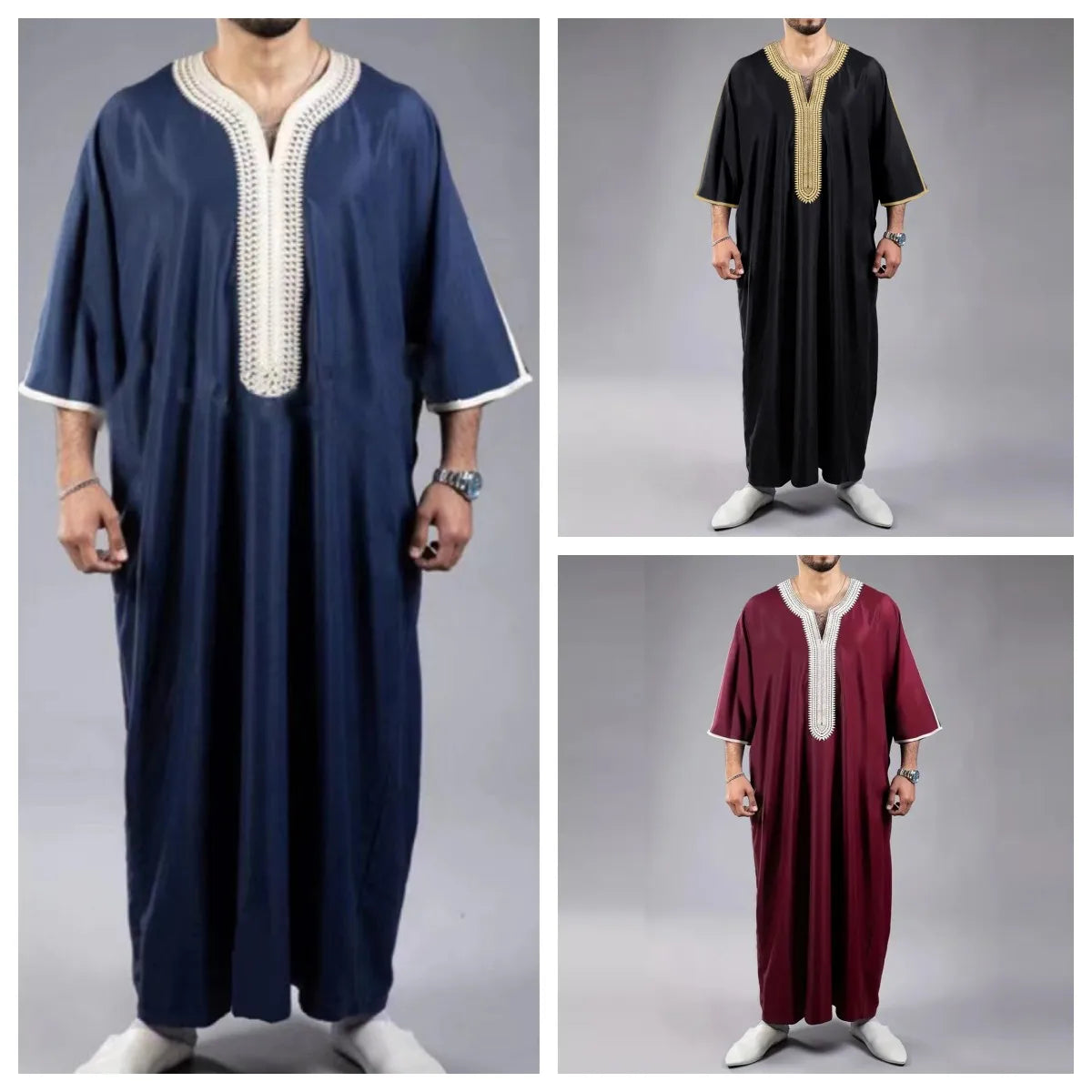 New Kaftan Muslim Men Short Sleeve Embroidery Loose Breathable Casual Robe Islamic Abaya