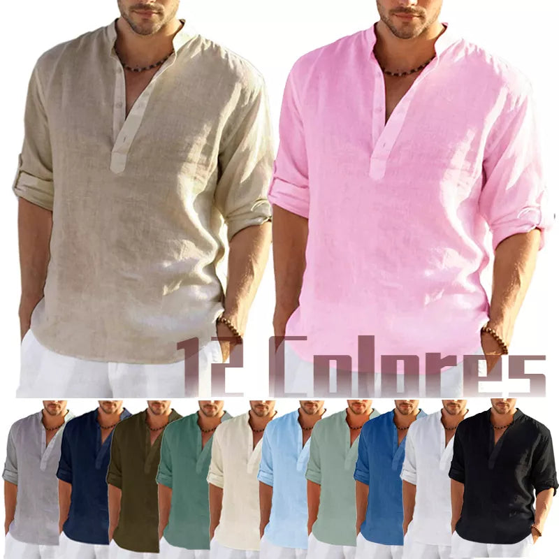 New Men's Linen Long Sleeve T-Shirt Solid Color Loose Casual Shirt Long Sleeve Cotton Linen Shirt - Hiron Store