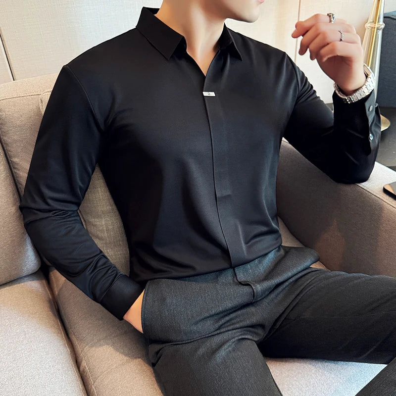 High Elastic V-neck Non-marking POLO Shirt, Autumn Long sleeved Casual Business, Solid Color  T-shirt, Men's Clothing