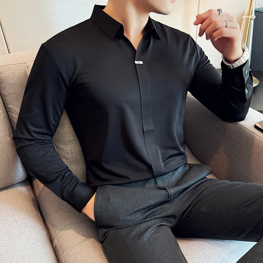 High Elastic V-neck Non-marking POLO Shirt, Autumn Long sleeved Casual Business, Solid Color  T-shirt, Men's Clothing