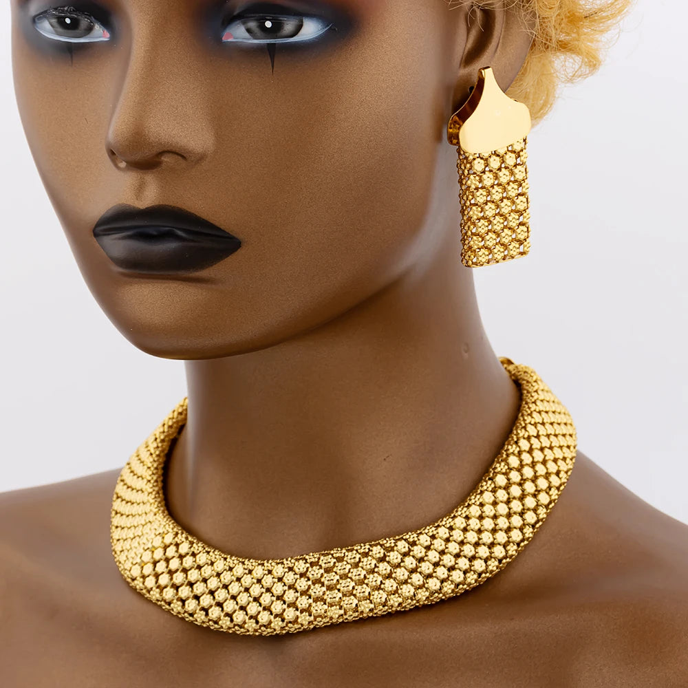 Chunky Necklace Earrings Dubai Gold Plated Bracelet African Fashion 3Pcs Jewellery