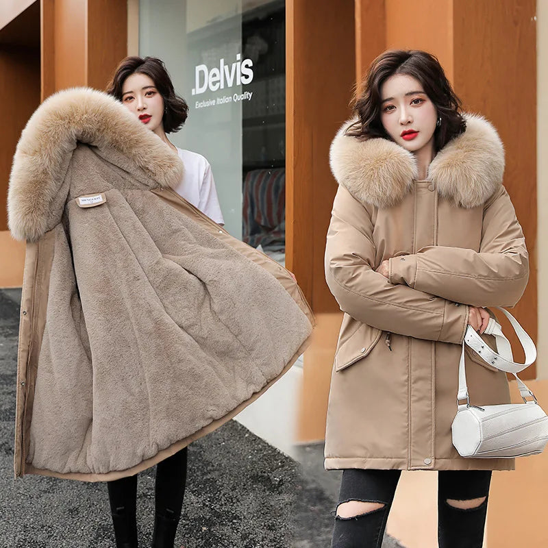 Women Parka Fashion Long Coat Wool Liner Hooded Parkas Winter Jacket Padded Clothes