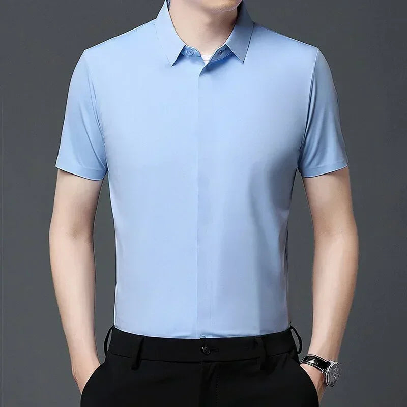 High end Mulberry Silk Dress Shirts, Business  Men Wrinkle Resistant, Button Invisible Elastic Tops, Luxurious Male  Clothing