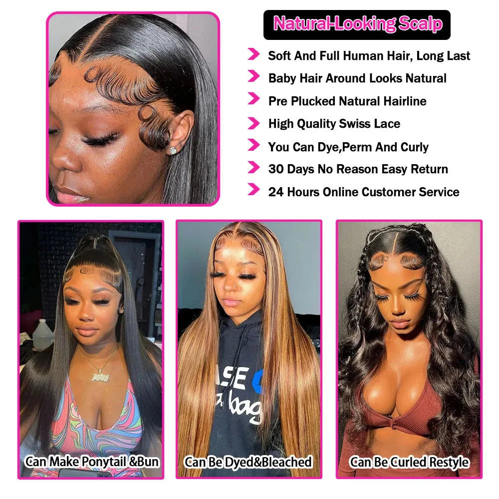 44 46-Inch-long Brazilian Straight Human Hair Wig 13x4 HD & 13x6 Transparent Lace Frontal 200 Density for Women