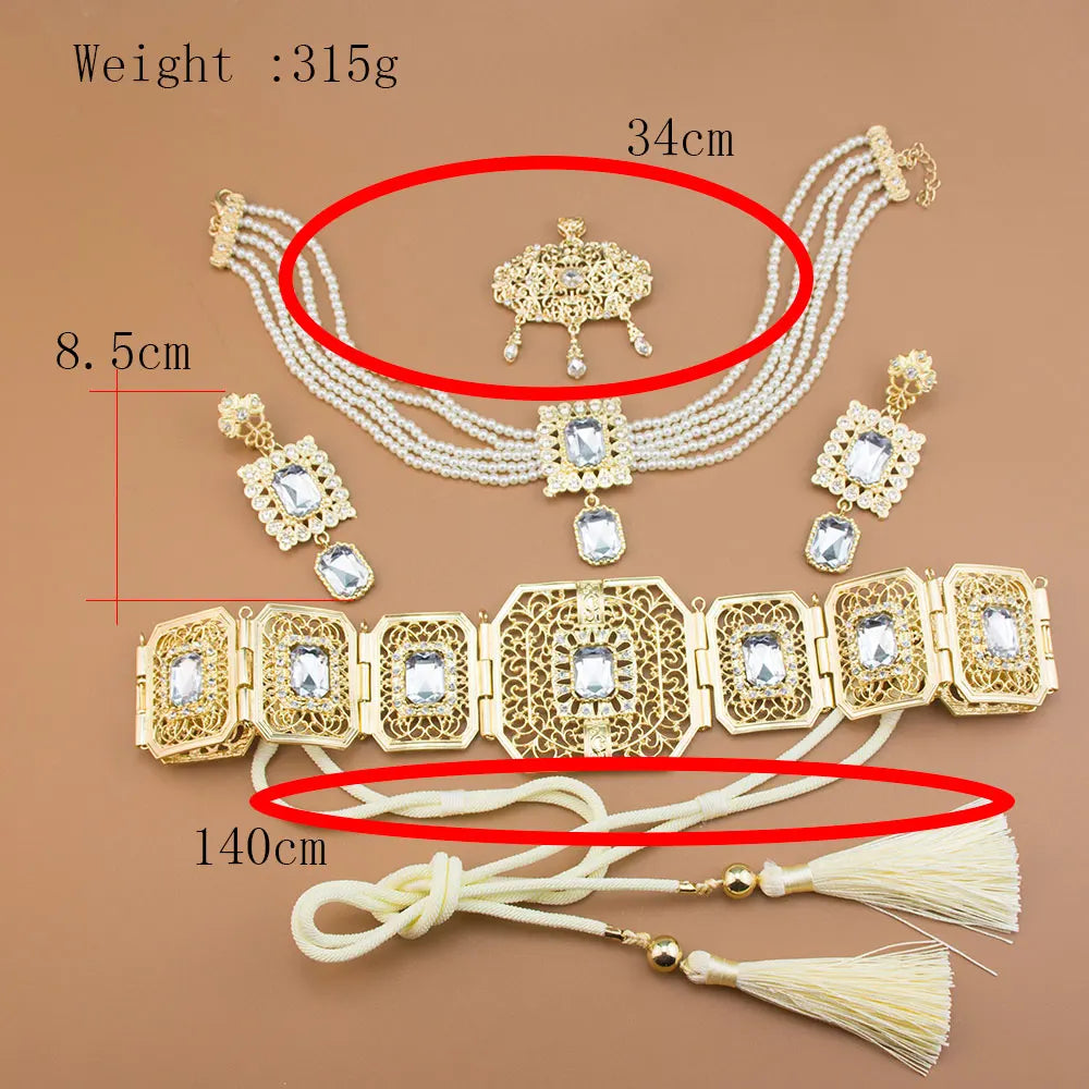 Bridal Jewellery Sets Arab Crystal Caftan Rope Belt Bead Chain Choker Necklace Long Earring Brooch