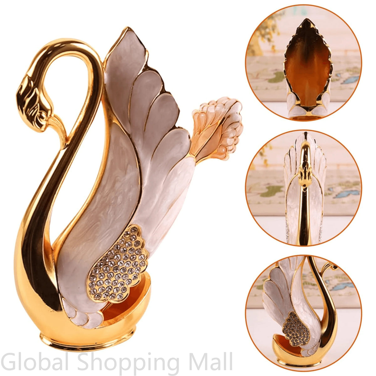 Metal Swan Base Holder, Tableware Organizer with 6 Spoons or Forks, Small Delicate, for Coffee, Fruit Desser,t Ice Cream Cake